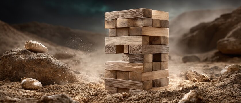 Wooden jenga tower stands on sandy surface with falling blocks against dark teal and misty blue background, showcasing a dynamic moment and high-end photography details