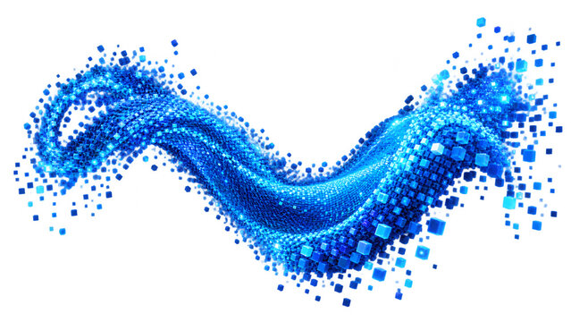 Futuristic Blue Pixel Particle Wave with Flowing Digital Square Lights Isolated on Transparent Background Technology PNG Overlay 16K