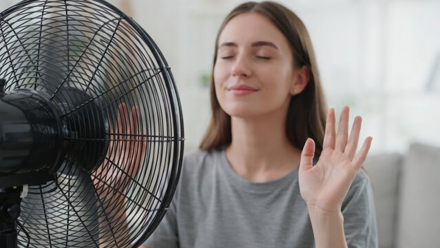 Young woman sitting in front of an electric fan with eyes closed feeling the cool breeze and relief from hot summer weather at home