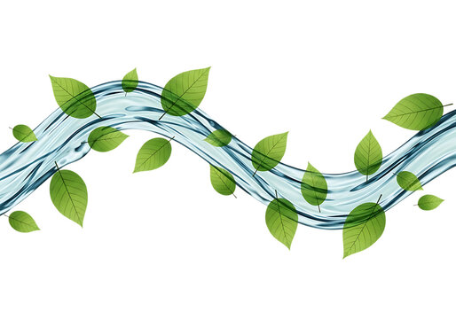 Waving water stream with green leaves a dynamic vector illustration on transparent background flow current foliage greenery plant flora