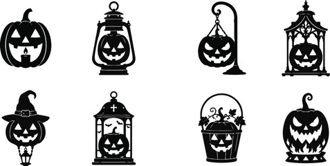 Fototapeta premium Halloween Jack O Lantern Silhouette Icons Set with Lanterns Witch Pumpkin Basket and Hanging Sign