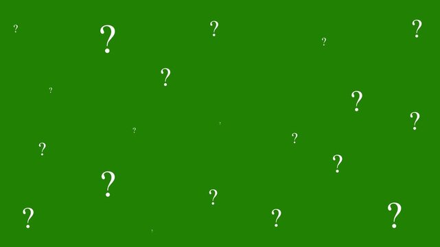 Animated white question mark symbols floating upward across a vibrant green screen background, creating a seamless loop for faq, confusion, problem solving, and corporate inquiry presentations