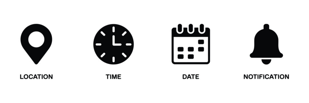 Date time icon set, calendar, location pin, clock, alarm bell, and notification symbols for scheduling, reminders, business planning, and alert systems.