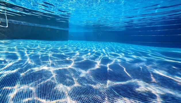 rippling blue water surface with sunlight reflections on tiled pool bottom