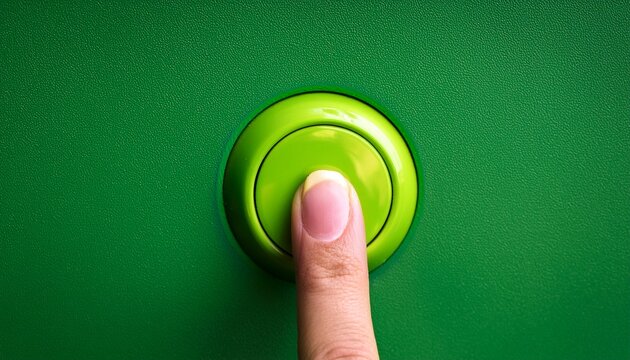 a close up shot of a finger pressing a bright green button on a green wall