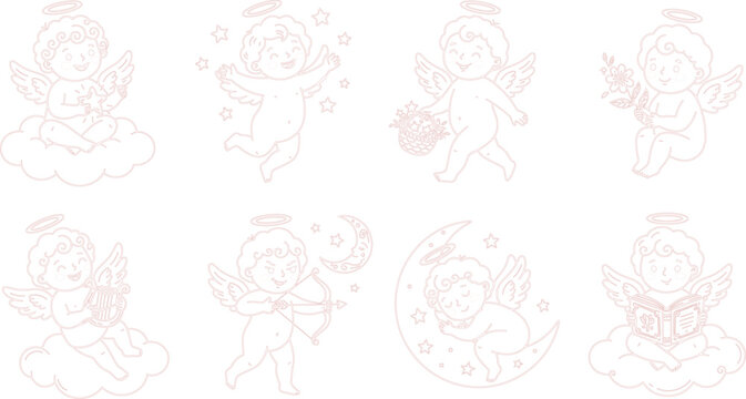 Cute baby cupid angel cherub characters set with wings halo bow arrow and cloud valentine lineart vector