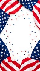 Obraz premium Patriotic frame with American flag patterns and star confetti surrounding a white copy space.