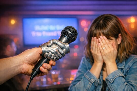 A woman covers her face with a microphone, conveying vulnerability and protection from the outside world