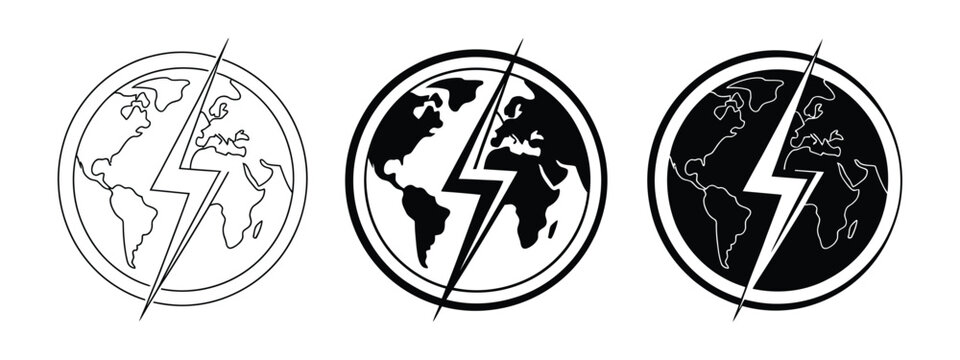 Global energy crisis and world power outage icon set featuring Earth, lightning bolt, electricity, and energy shortage symbols