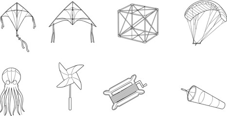 Obraz premium Flying Kites and Wind Toys Line Art Vector Collection Set Including Octopus Kite Pinwheel Reel and Windsock