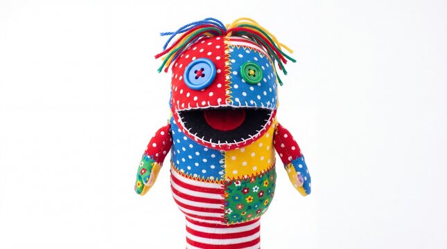 Colorful handmade puppet character featuring polka dot fabric and bright button eyes for storytelling created by artisan on white background