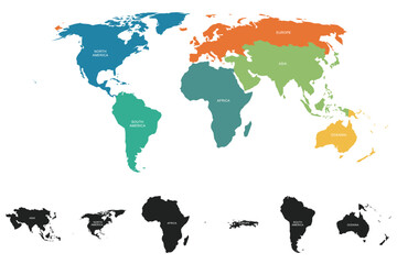 World Map with Colorful Continents and Separate Black World Silhouettes. Global Geography and International Travel Concept  © Monu