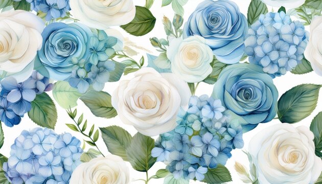 delicate watercolor seamless pattern featuring light blue hydrangeas and soft white roses for design feminine fabrics wrapping paper or wedding stationery