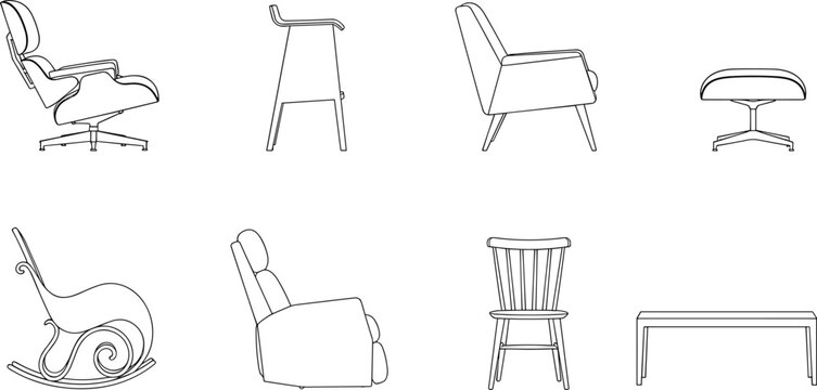 Furniture Line Drawing Collection Featuring Chairs, Recliners, Stools, and Table Designs