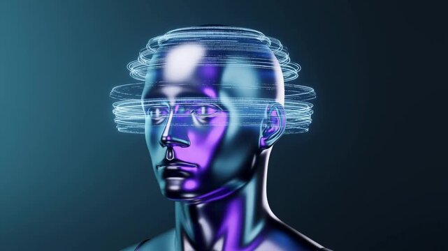 Metallic humanoid head with glowing circular rings on solid blue background