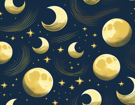 celestial moon phases and shooting stars seamless pattern