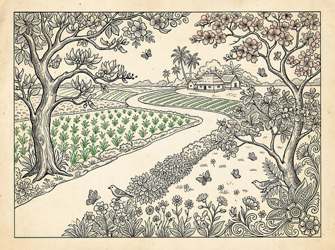Vector illustration of rural landscape path leading through green fields and trees under open sky with landscape countryside woodland environment vegetation shrubbery agriculture wildlife