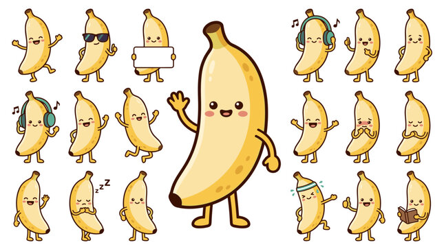 Cute banana fruit mascot character set vector with various funny poses listening to music holding sign reading and workout isolated on white background