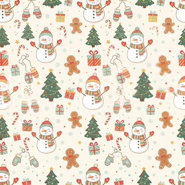 Seamless christmas pattern with snowmen gingerbread men gifts and mittens  festive holiday background