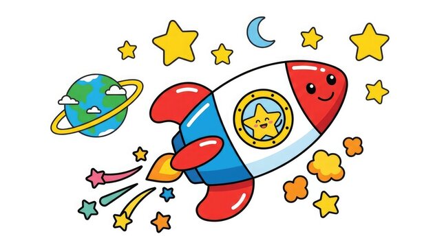 Cute cartoon rocket ship in space isolated on white background