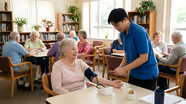 Caregiver measuring blood pressure of senior woman.