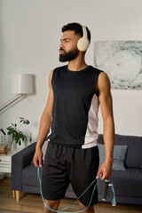 Naklejka premium A handsome young african american man stands in relaxation, preparing for his workout at home.
