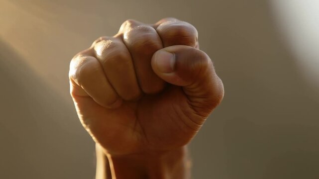 Clenched human fist held in closeup against softly lit warm neutral background