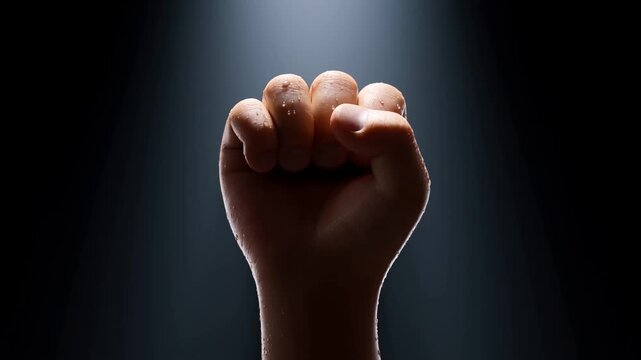 Clenched human fist held upright under a spotlight against a dark background