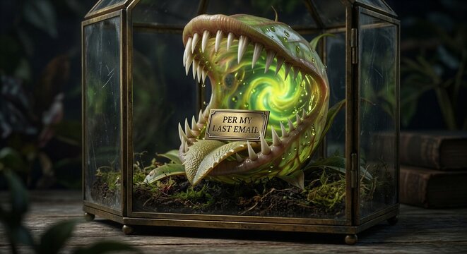 Carnivorous pitcher plant with sinister mood featuring glowing toxic nectar and toothy leaves with "PER MY LAST EMAIL" against an antique glass terrarium background
