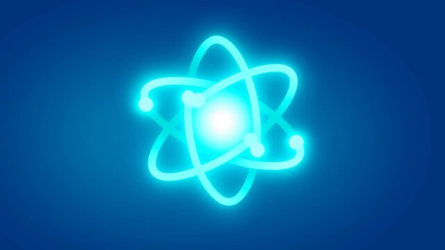 Glowing blue atomic model with electron orbits and bright central nucleus on dark background