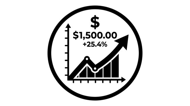 Black and white icon depicting financial growth with a dollar sign, a rising line graph, and bar chart showing $1,500.00 and a 25.4% increase.