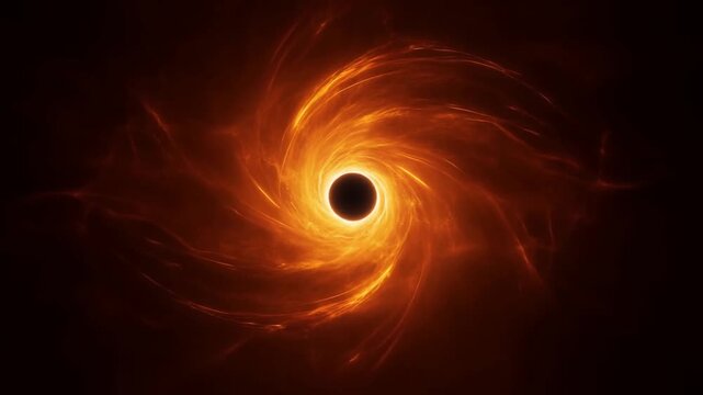 Black hole encircled by spiraling disk of glowing orange plasma drawing in surrounding matter in empty space