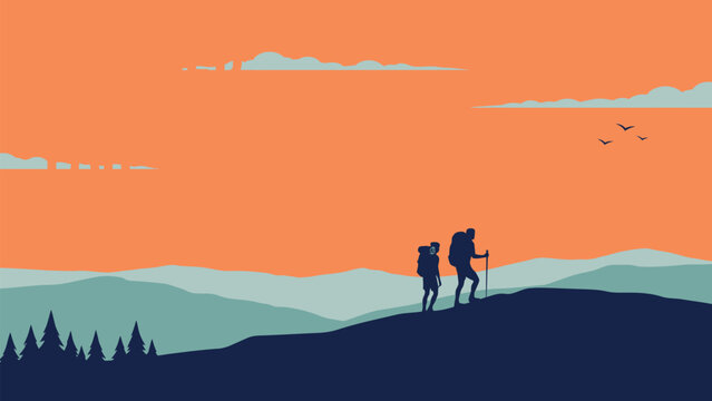 Vector illustration of hikers walking on mountain ridge during sunset with orange sky and distant peaks, mountains
