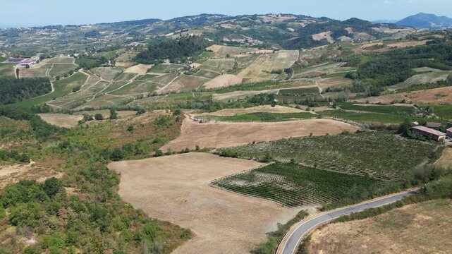 Europe, Italy, Lombardy, Pavia, Mont&ugrave; Berchielli &ndash; drone view of the Oltrep&ograve; Pavese hills; drought and water shortages lead to an early grape harvest for wine production. Global warming and climate ch