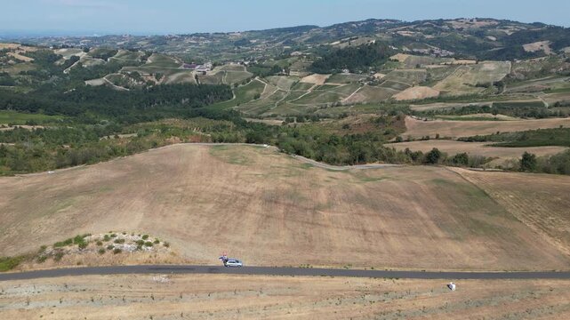 Europe, Italy, Lombardy, Pavia, Mont&ugrave; Berchielli &ndash; drone view of the Oltrep&ograve; Pavese hills; drought and water shortages lead to an early grape harvest for wine production. Global warming and climate ch