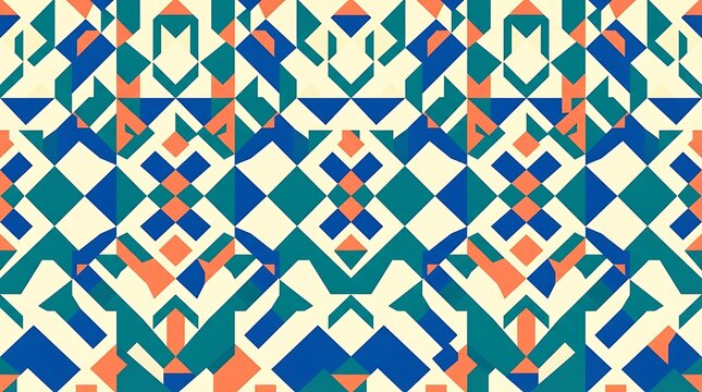 Geometric mosaic pattern with blue and orange modular prism shapes on cream background