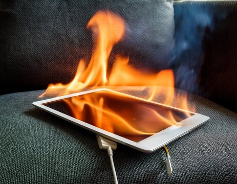 tablet computer catching fire while charging on a sofa electronic device battery overheating hazard with flames and smoke charred fabric on couch armrest