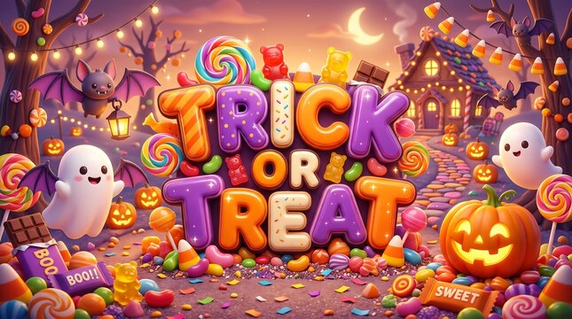 Colorful trick or treat halloween celebration with candy and ghosts