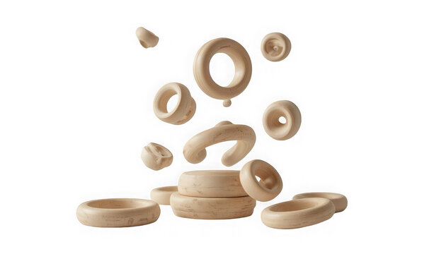Floating wooden rings and circular shapes isolated on transparent background