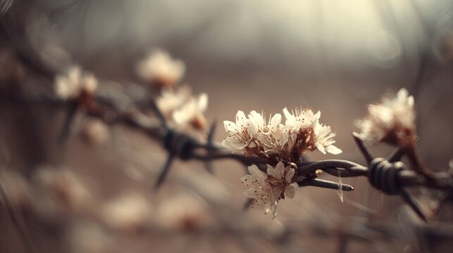 Delicate Blooms Against Barbed Wire in Soft Natural Environment