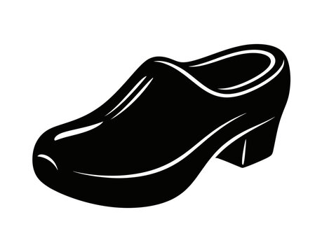 Black wooden clog shoe isolated on white background, minimalist vector illustration.