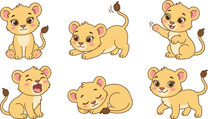 Obraz premium Kawaii baby lion bundle with different wild animal poses like stretching resting winking sleeping yawning and standing up cheerful flat sticker design vector