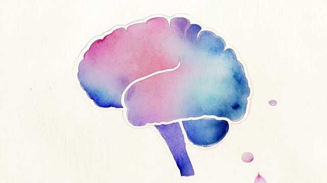 brain outline with floating blue watercolor drop and purple spots on light background
