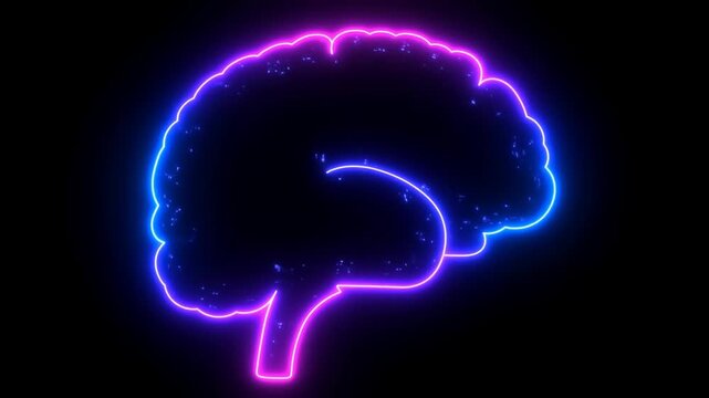 Neon brain outline glowing in purple and blue against black background in a static side profile