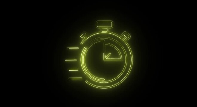 Stopwatch Time Management Icon Animation on Black Background, yellow stopwatch