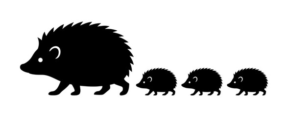 Cute Hedgehog Mother Walking with Her Babies in Black and White Silhouette