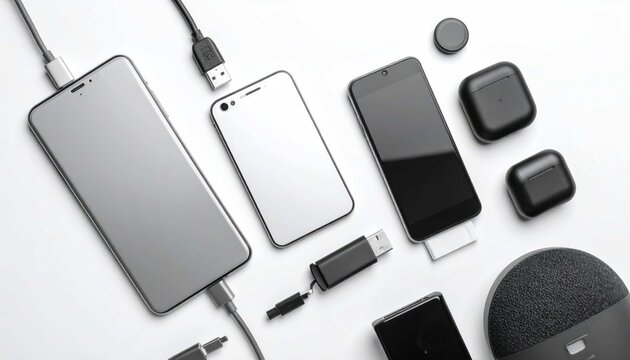 Collection of modern electronic gadgets with smartphones, wireless earbuds and charging cables on white background