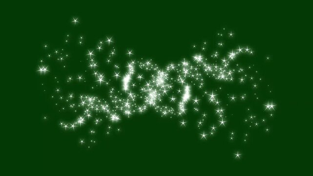 Magical star sparkle line with glitter explosion effects, white twinkling particles, fairy dust trails, glowing doodle stars, luminous starlight paths on dark green screen background, seamless 4K.