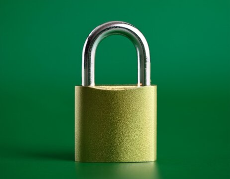 close up of a metal padlock against a solid green background