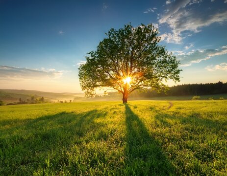 sun shining through tree on green meadow at sunrise